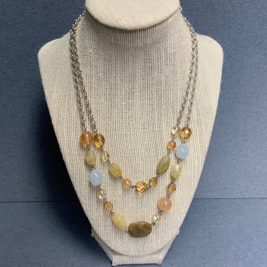 Rachel Layered Boho Necklace 17 In Stone Beads Amber Brown Tan Blue Silver Chain